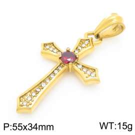 European and American personalized stainless steel creative inlaid with zircon cross with red gemstone temperament gold pendant